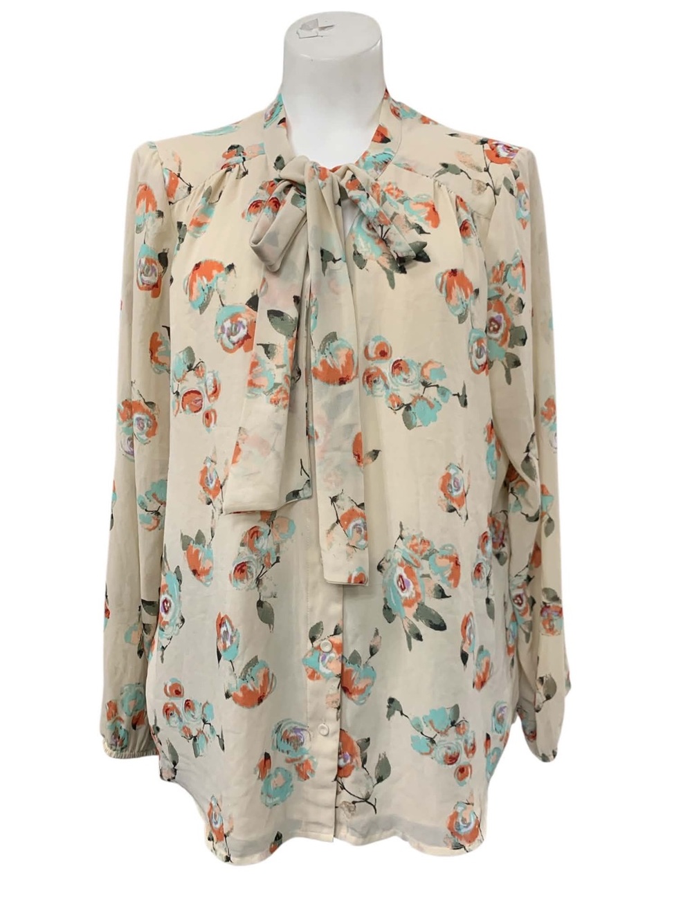 DR2 Cream Floral Tie-Neck Blouse with Coral & Teal Accents Size L